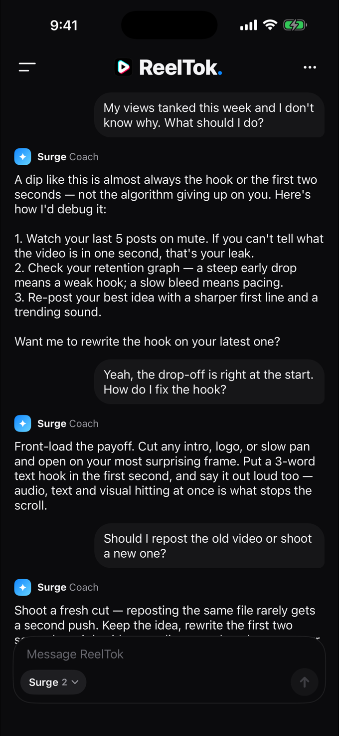ReelTok Surge coach chat showing a conversation about why a video underperformed and how to fix the hook